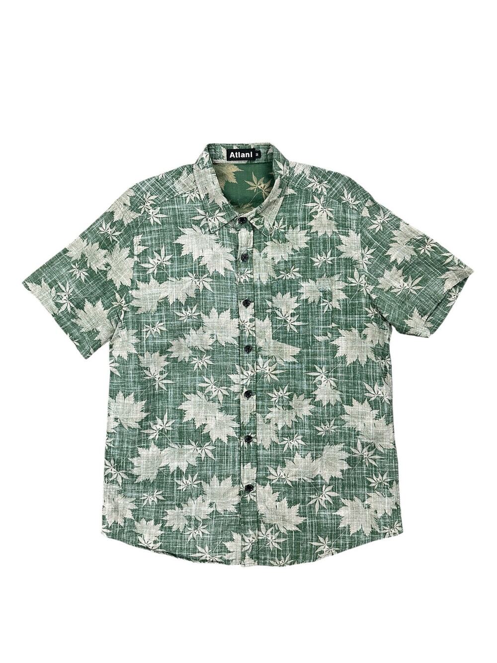 Atlanl Leaf Print Short Sleeve Shirt Green Twill — Size Medium